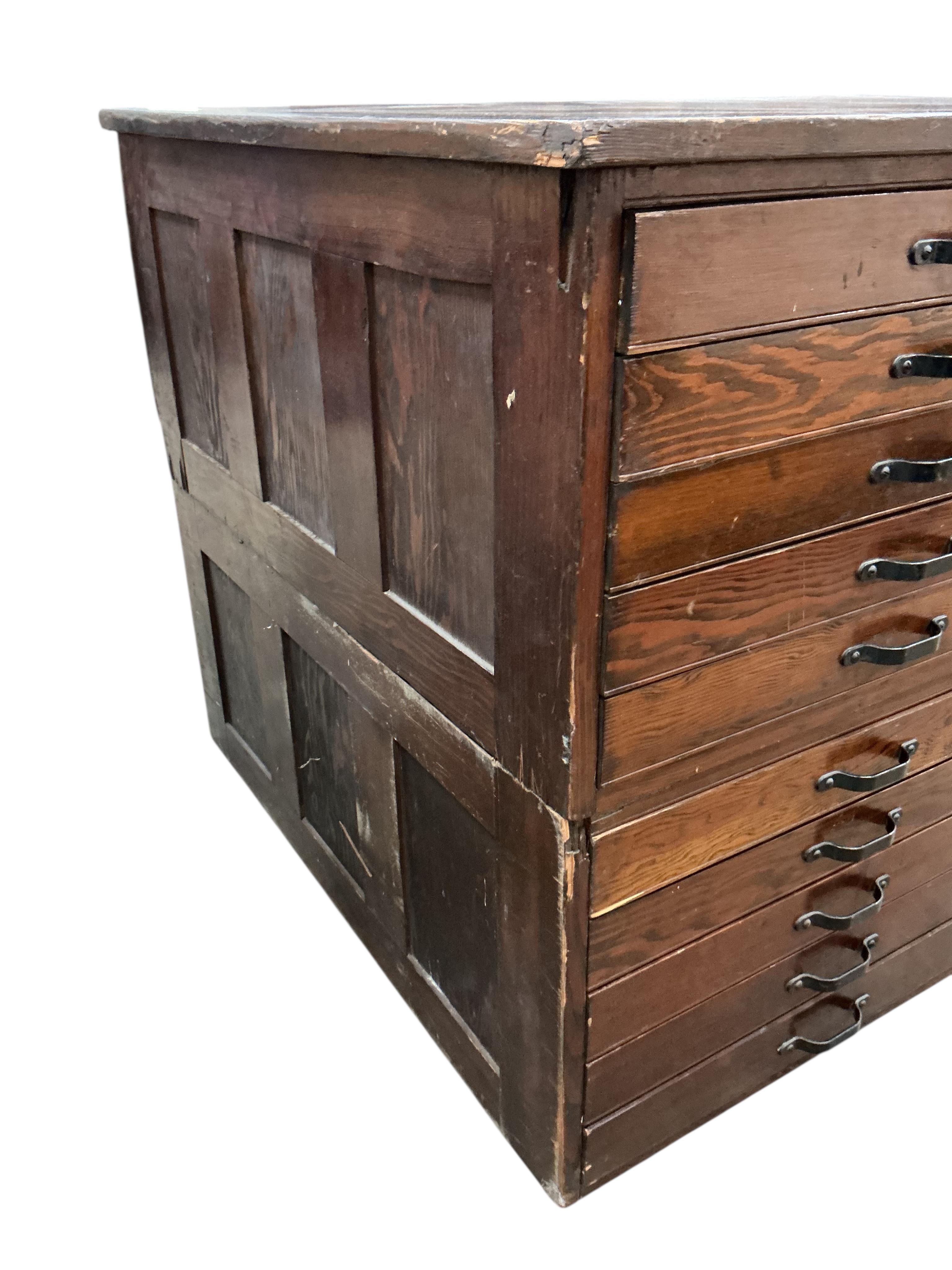 A mid century beech and pine two section ten drawer plan chest, width 123cm, depth 90cm, height 82cm